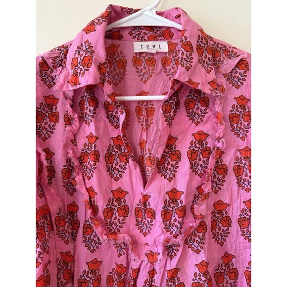 THML Top Women’s Medium Pink Red V-Neck Embroidered Puff Sleeve Floral - Picture 5 of 11